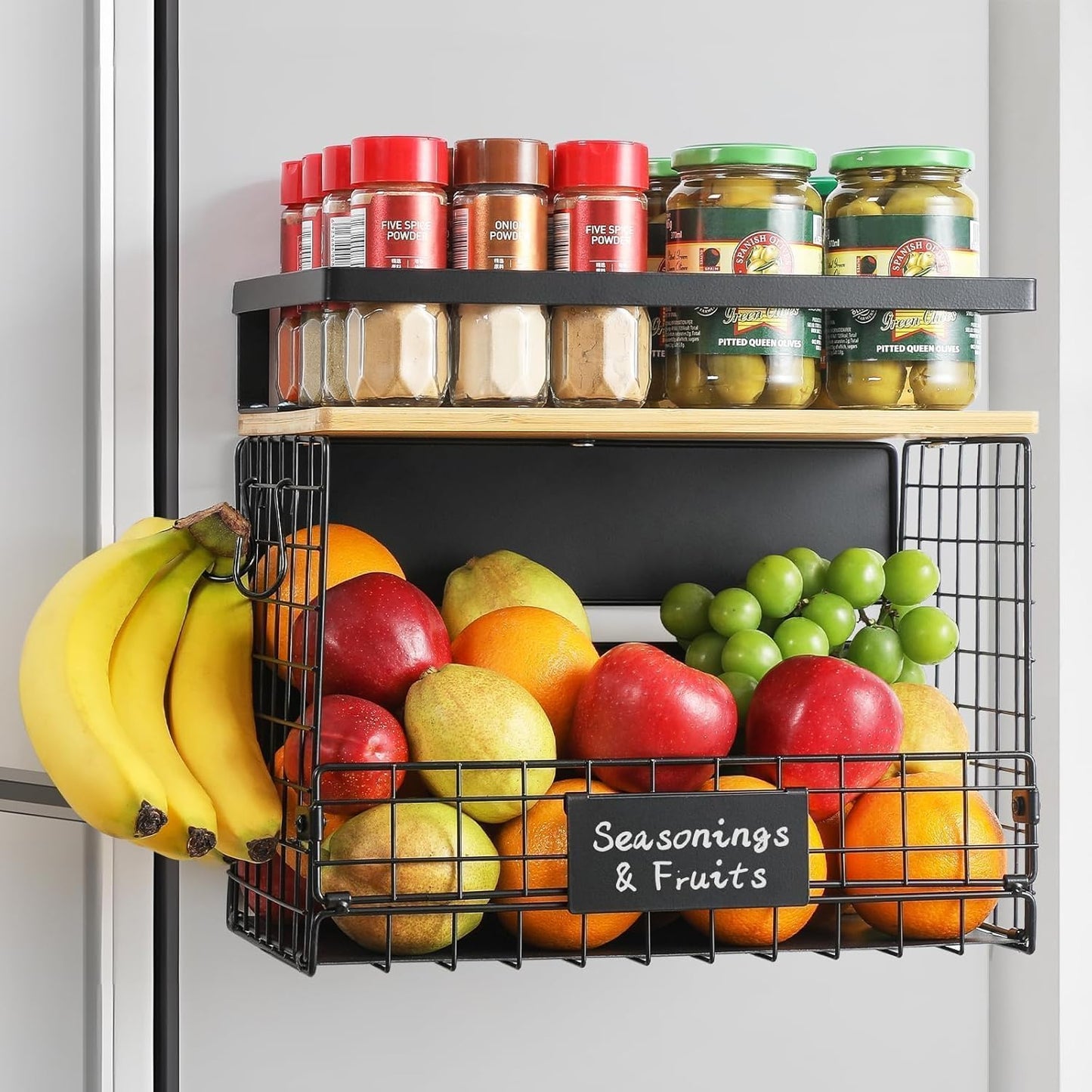 [WIDER SHELF] 1 SET Strong Magnetic Shelf Basket for Fridge with Tag & Bamboo Top