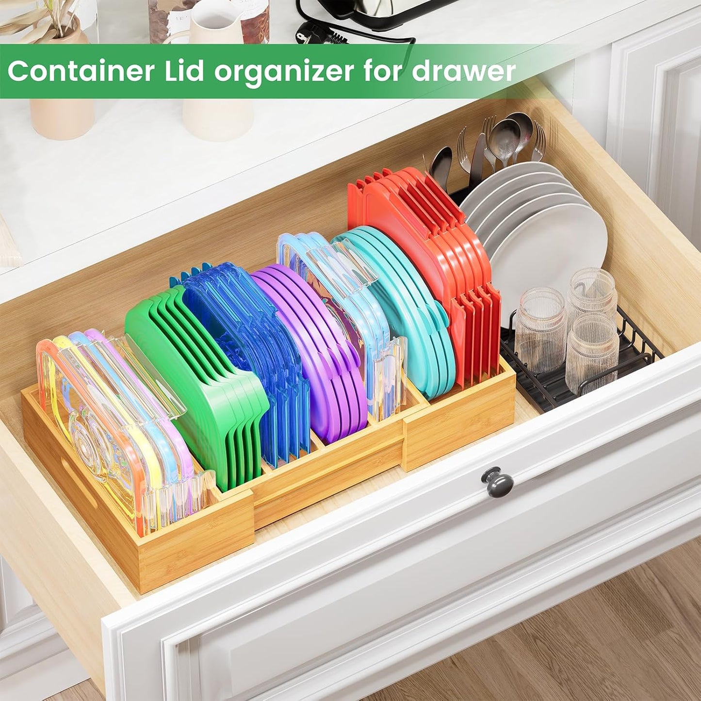 Expandable Bamboo Lid Organizers Inside Cabinet