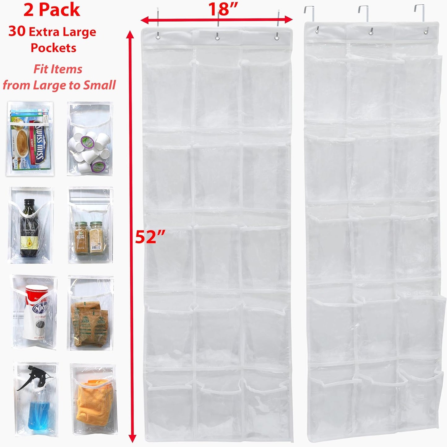 2-Pack Clear Over the Door Hanging Pantry Organizer (52" x 18") with 15 Pockets Each