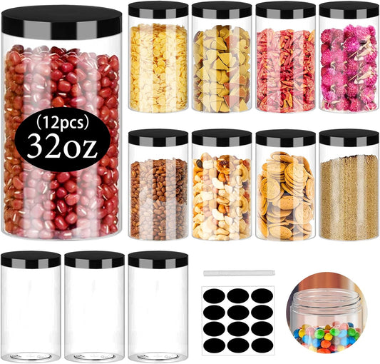 Clear Plastic Jars 32oz 12Pack Big Round PET Plastic Containers with Black Screw On Lids Reusable Empty Storage Jars with Lid Clear Containers for Household and Kitchen Organizing