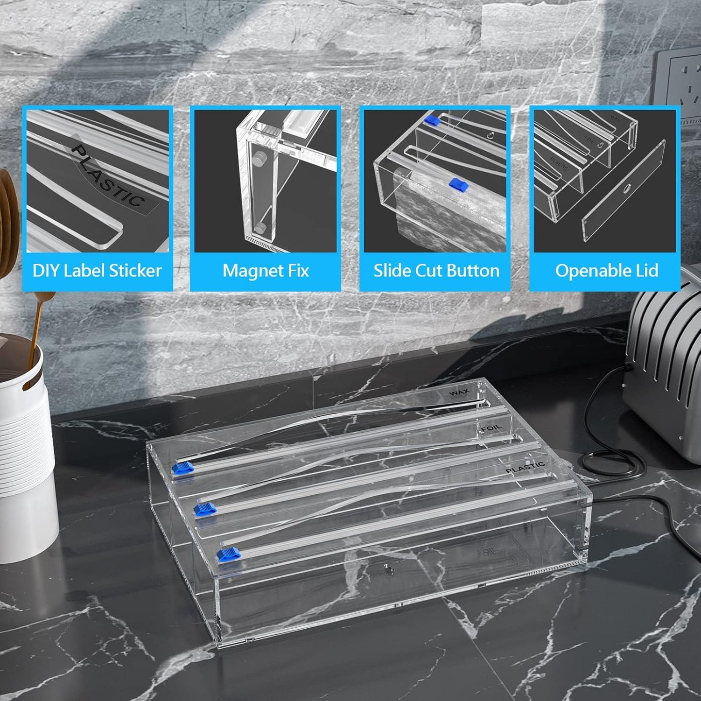 Tin Foil Organizer for Drawer with 12 Labels, Plastic Wrap Dispenser with Cutter