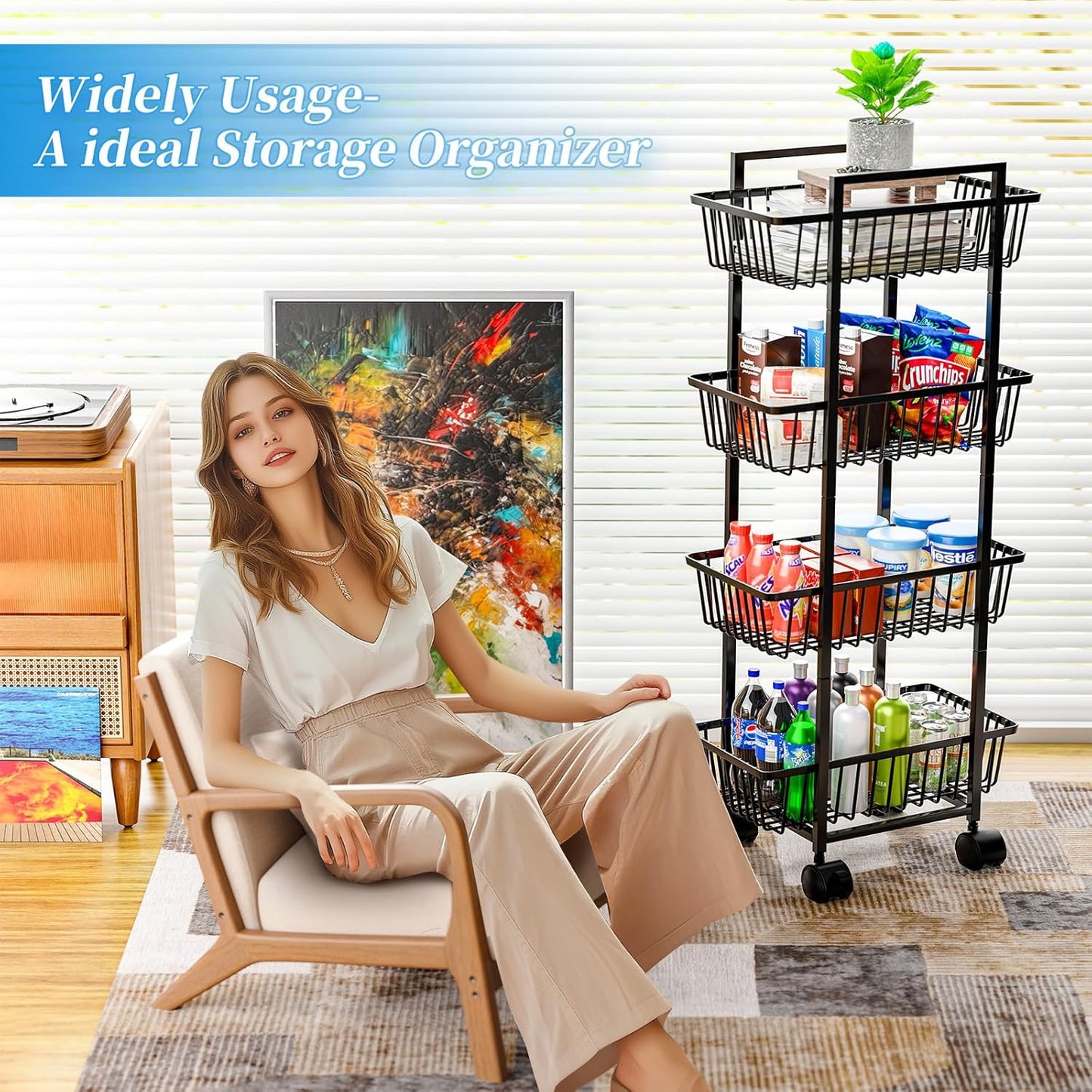 4 Tier Rolling Fruit Vegetable Basket Cart
