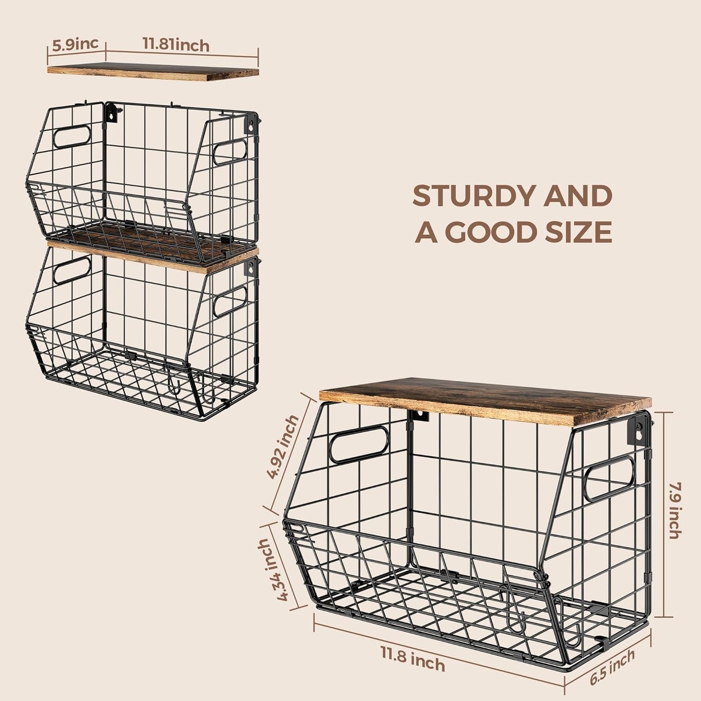 Stackable Metal Fruit Basket with Wood Lid 2 Pack, Hanging Wall Organizer for Kitchen Counter