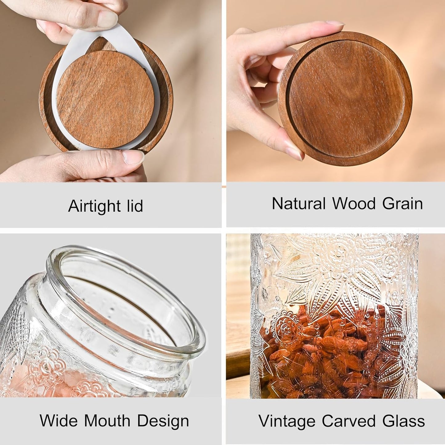 32oz Vintage Glass Jars With Lids, Airtight Food Storage Containers, Kitchen Canisters For Sugar