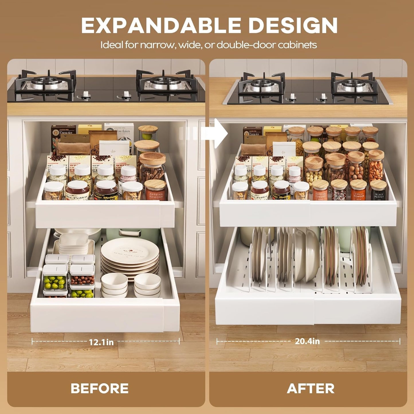 2 Pack Pull out Cabinet Organizer 21"Deep With Raising Pad for Framed Cabinets