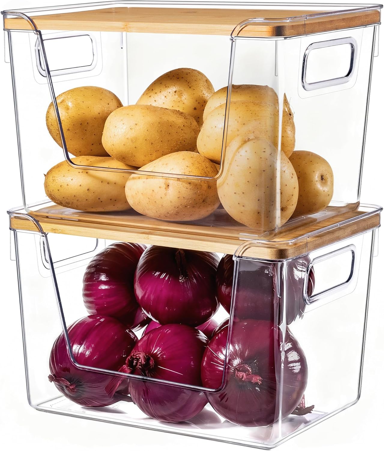 2 Set Pantry Organizers and Storage with Bamboo Lids, Stackable Clear Bins for Onion, Potato