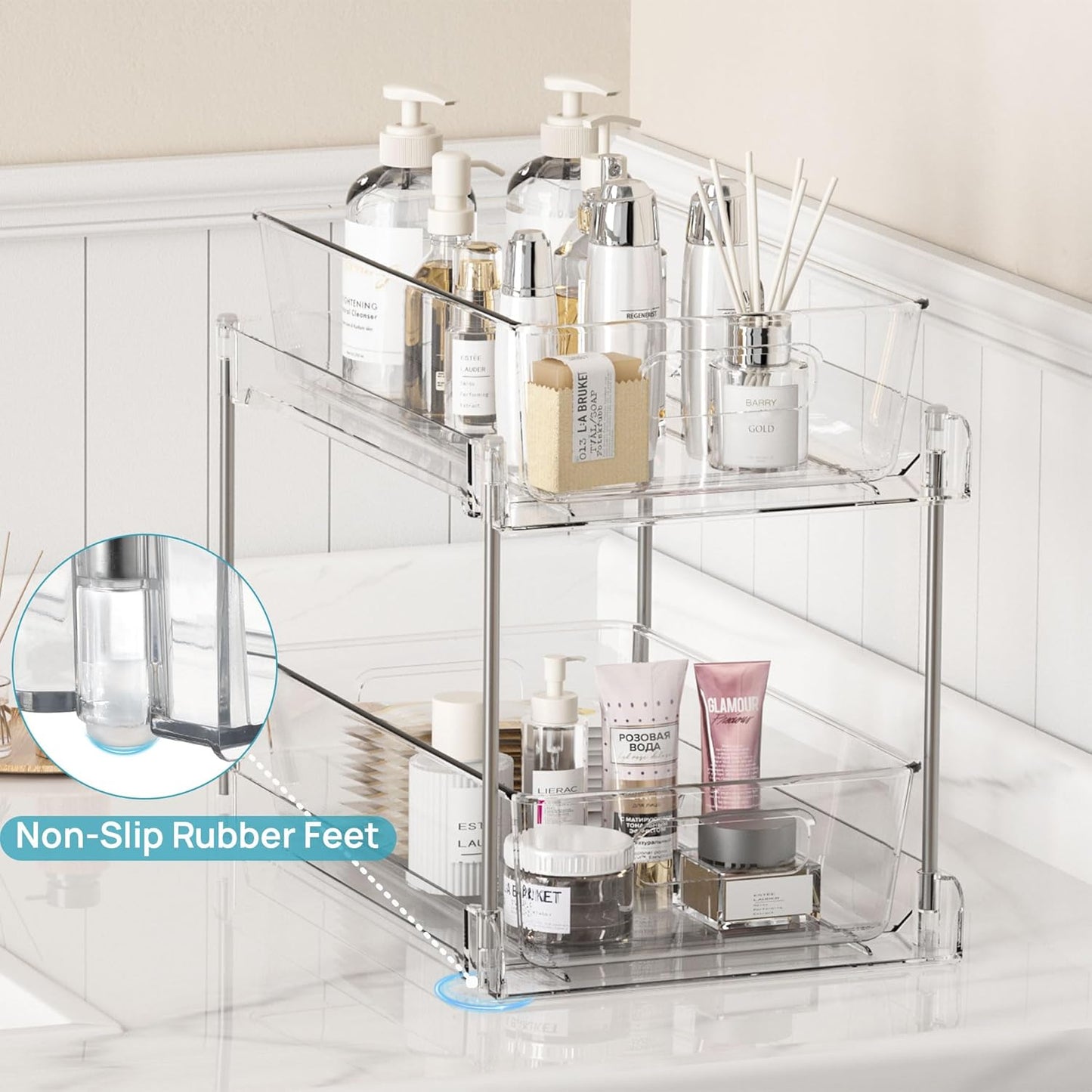 2 Tier Bathroom Storage Organizer, 2 Pack Clear Under Sink Organizers Vanity Counter Container