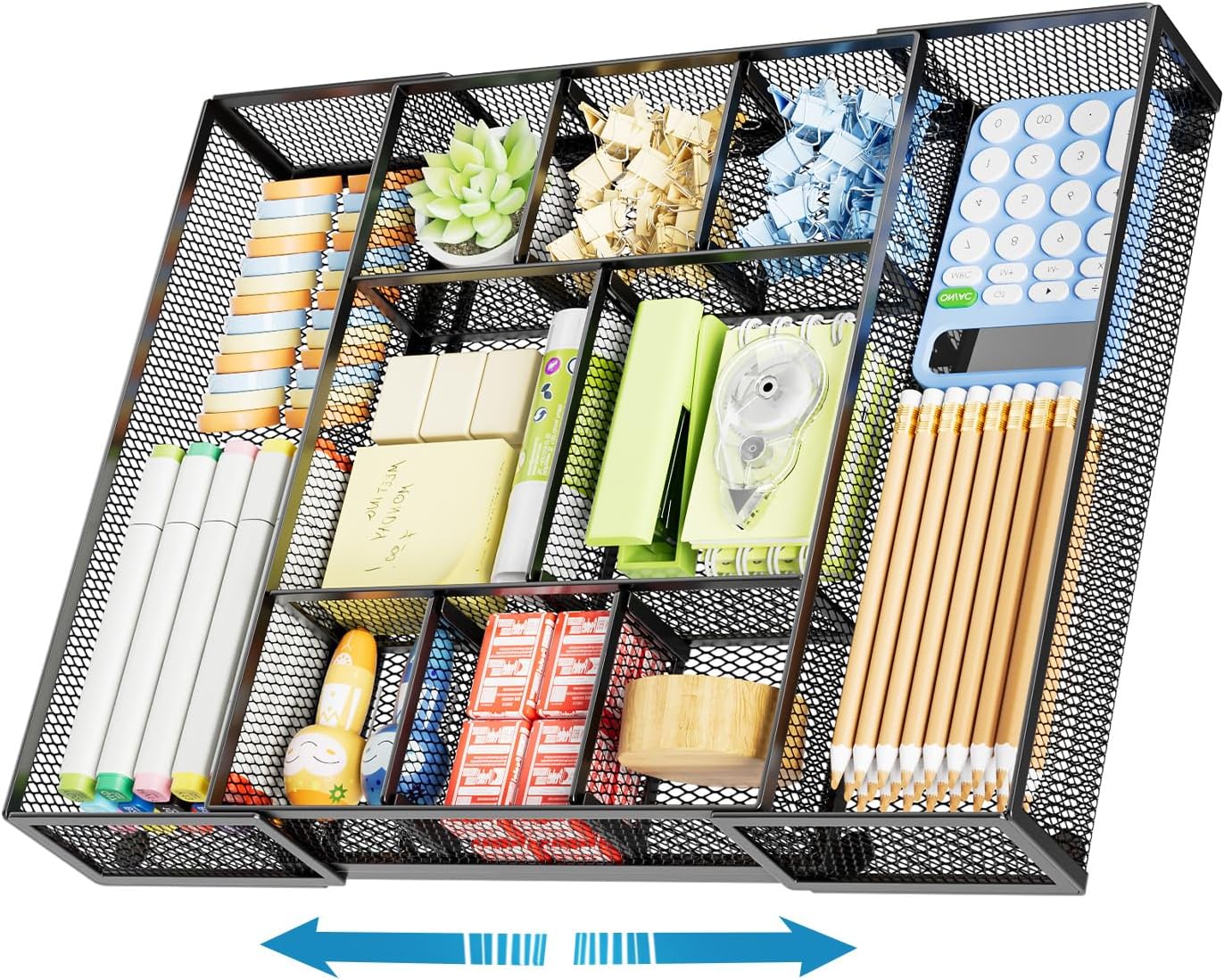 Expandable Desk Drawer Organizer, Mesh Drawer Organizer Tray with 10 Adjustable Compartments
