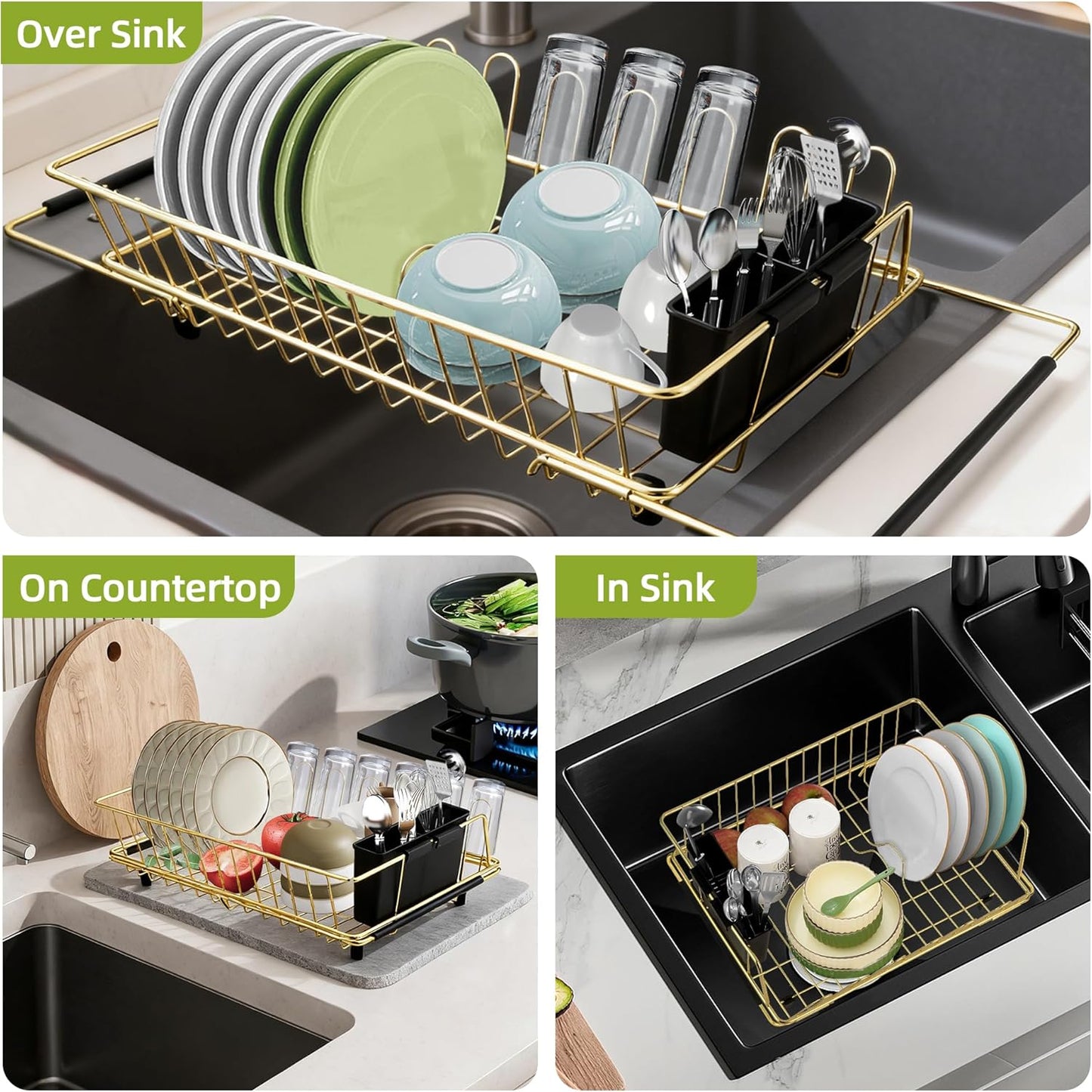 Golden Expandable Dish Drying Rack-Extra Large Stainless Steel Dish Drainer Over The Sink for Kitchen Countertop with Utensil Holder, Applicable for Sink Width 16'-22' (Gold,23.2'*12.2')