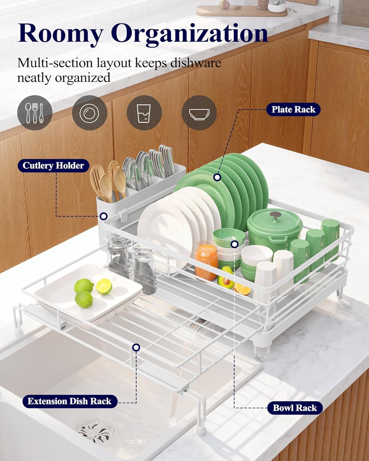 Extendable Dish Drying Rack - Rust-Resistant Dish Racks for Kitchen Counter with Adjustable Support Legs, Cutlery Holder & Removable Draining Tray (White, 15.6''-25.2''L × 16.9''W × 8.1''H)