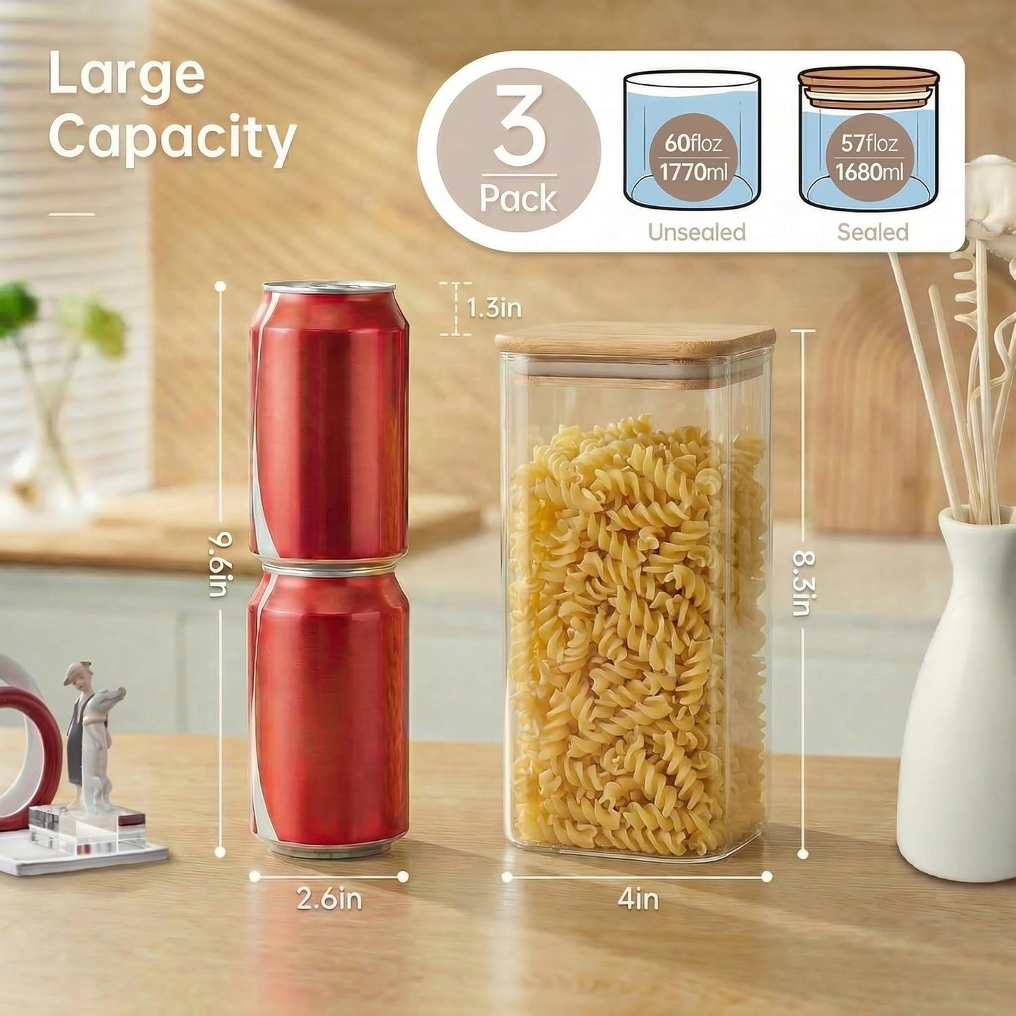57oz - 3 Pack Square Glass Jars with Bamboo Lids