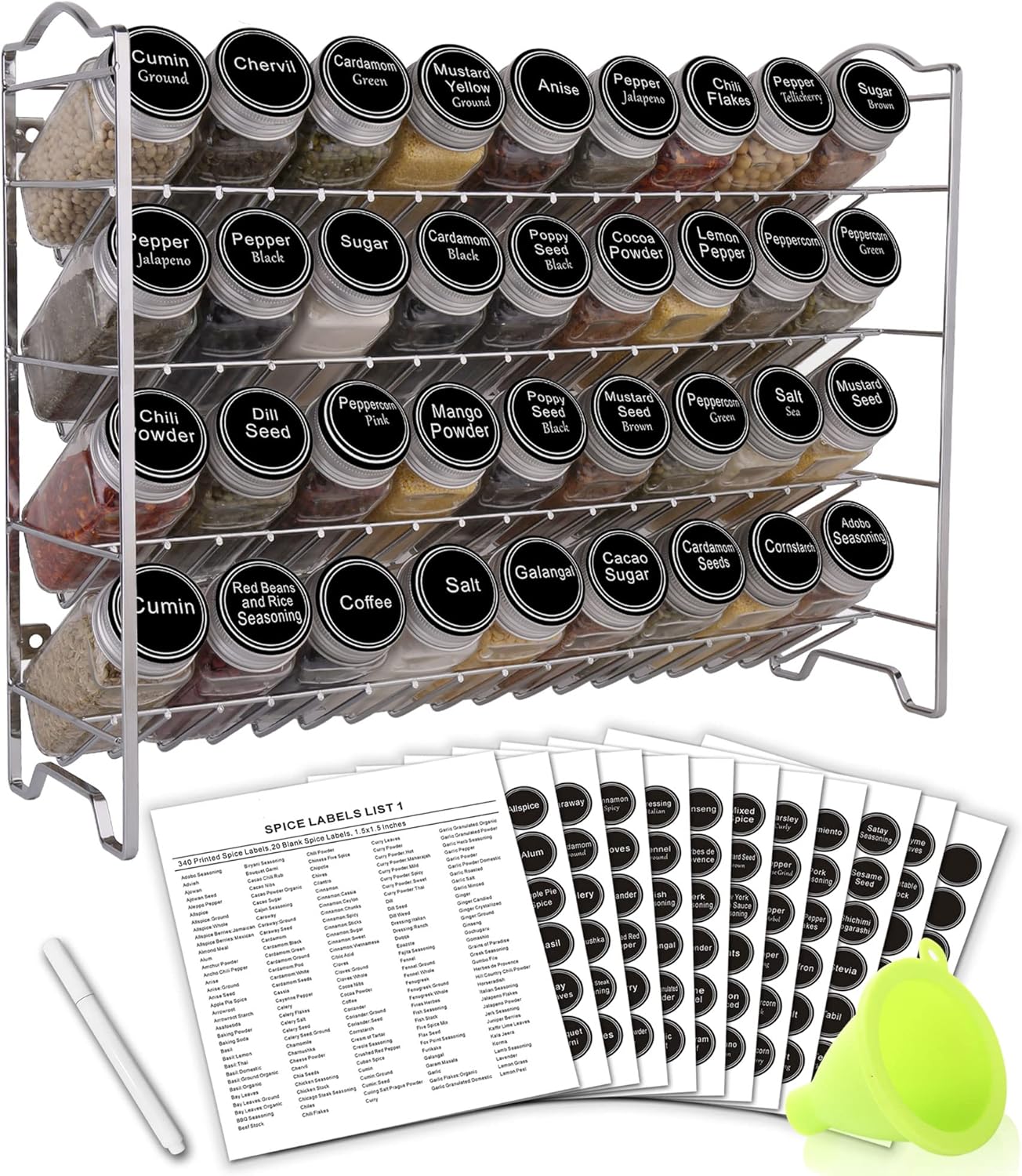 Spice Rack Organizer with 36 Empty Square Spice Jars