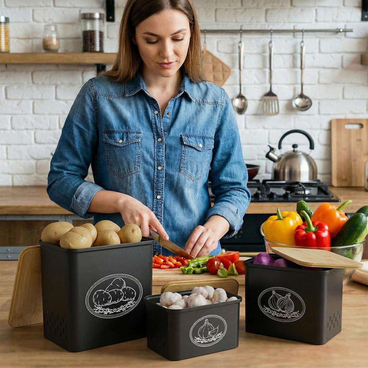 Potato and Onion Storage Bin, Stackable Garlic Keeper with Aerating Holes and Lid