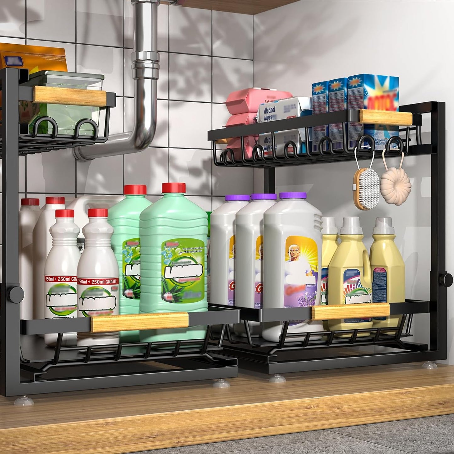 2 Packs Under Sink Organizer, Height Adjustable 2 Tier Under Kitchen Sink Organizer