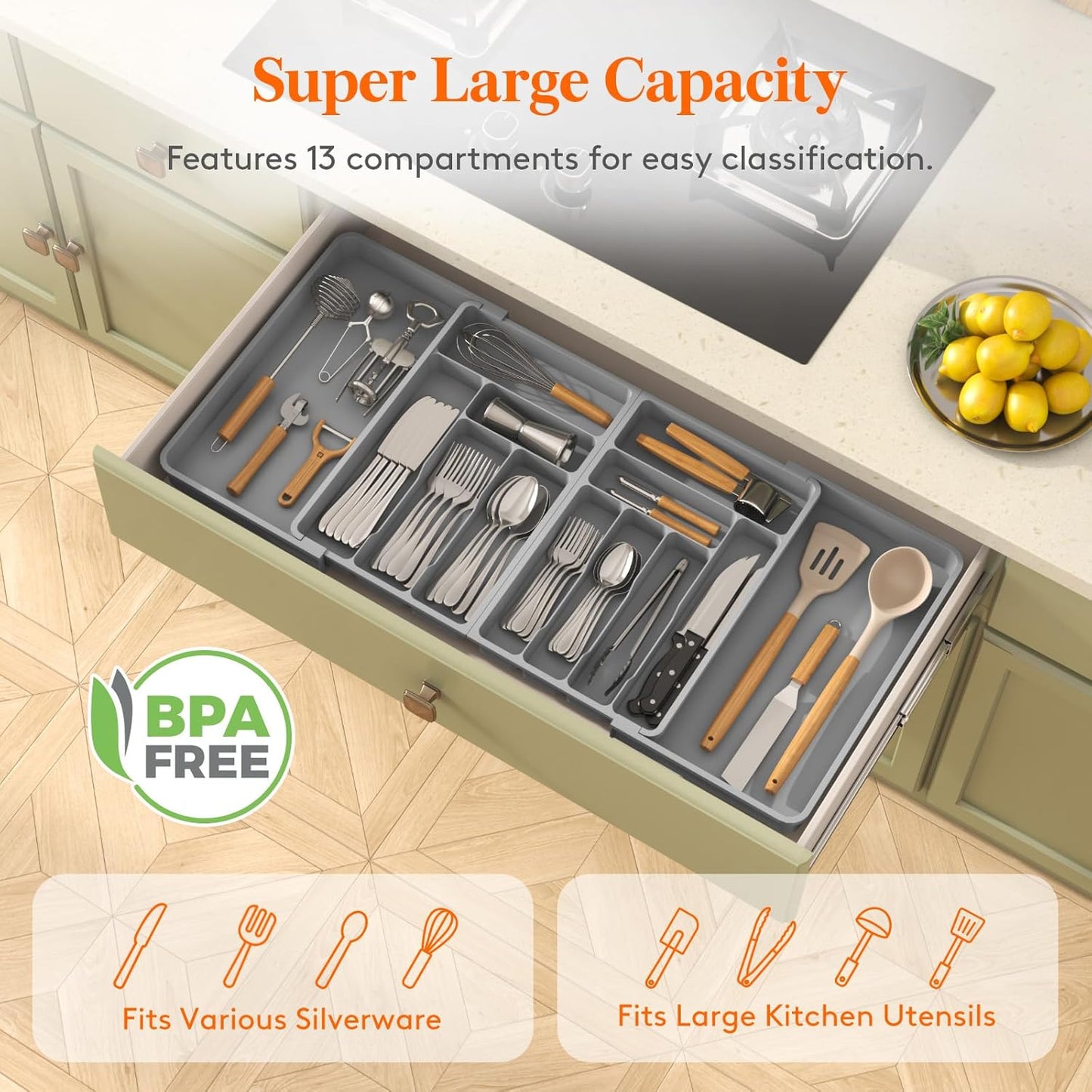Silverware Drawer Organizer, Expandable BPA Free Plastic Utensil Tray for Kitchen