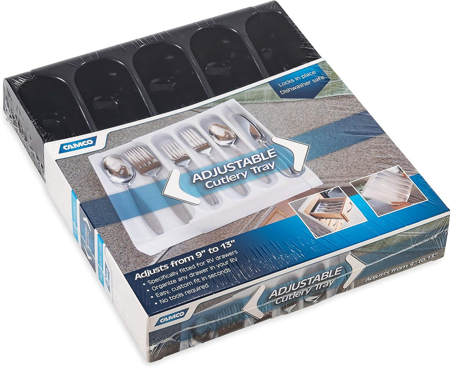 43504 RV Adjustable Cutlery Tray, Black - Easily Organize and Store Your Kitchen Flatware
