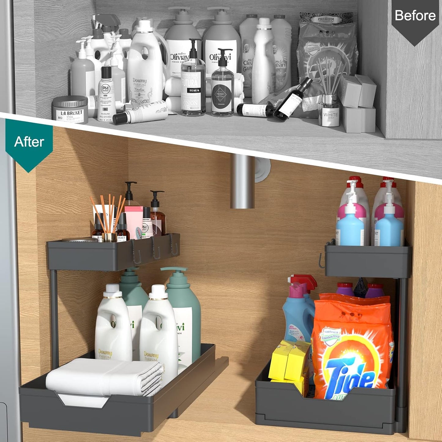 2 Pack Under Sink Organizer 2 Tier Sliding Cabinet Organizers Multi-Purpose Sink Storage Basket L-Shape Narrow Space Storage Shelves with 4 Hook for Kitchen Bathroom Drawer, Black