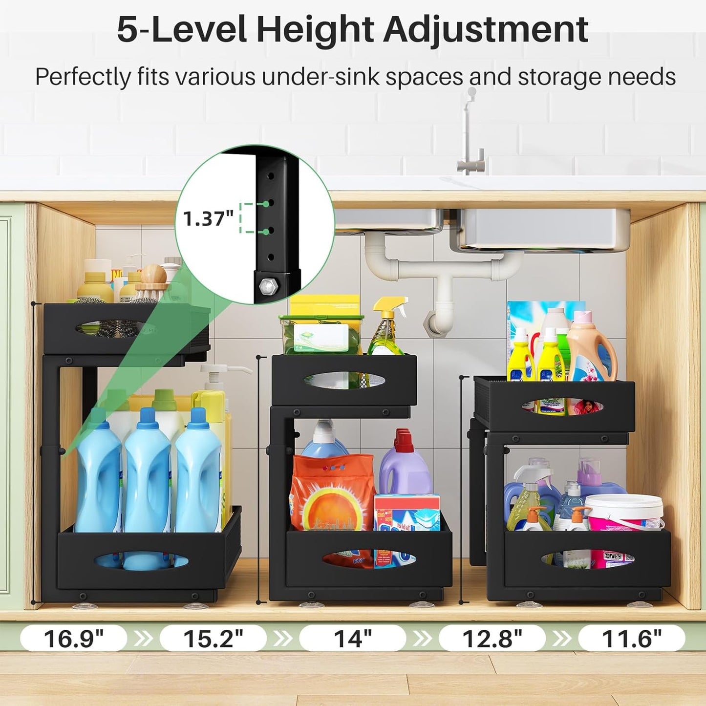 Under Sink Organizer, 2 Pack 2 Tier Pull out Cabinet Organizer Baskets with Mesh Sliding Drawers