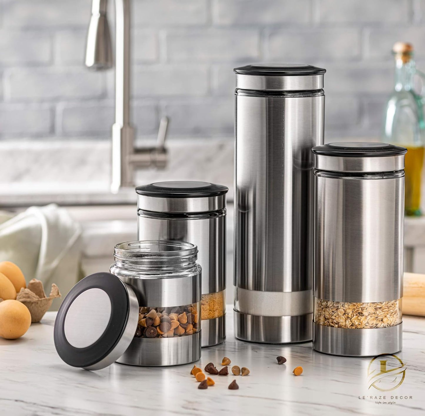 Airtight Glass Canister Set of 4 with Stainless Steel Sleeve for Kitchen Counter