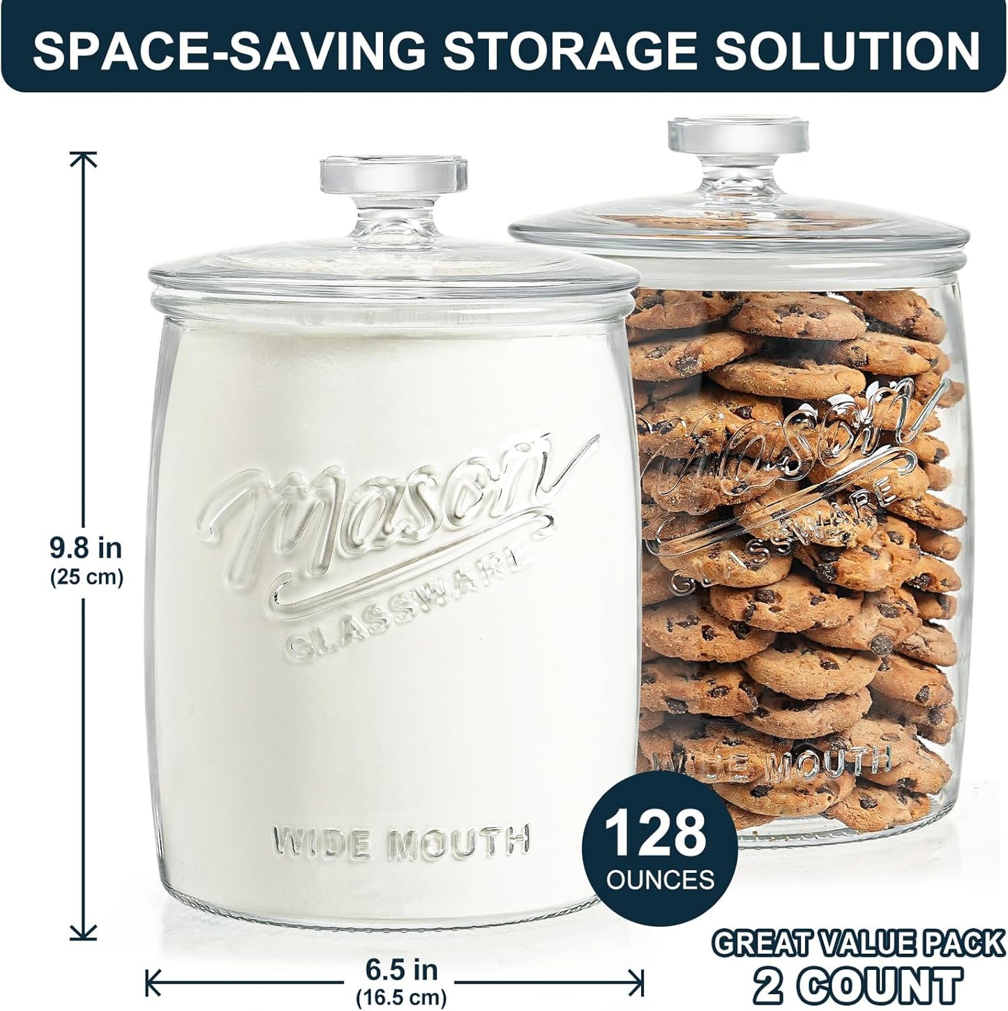 2 Pack Cookie Jar, 1 Gallon Glass Jar with Airtight Lids
