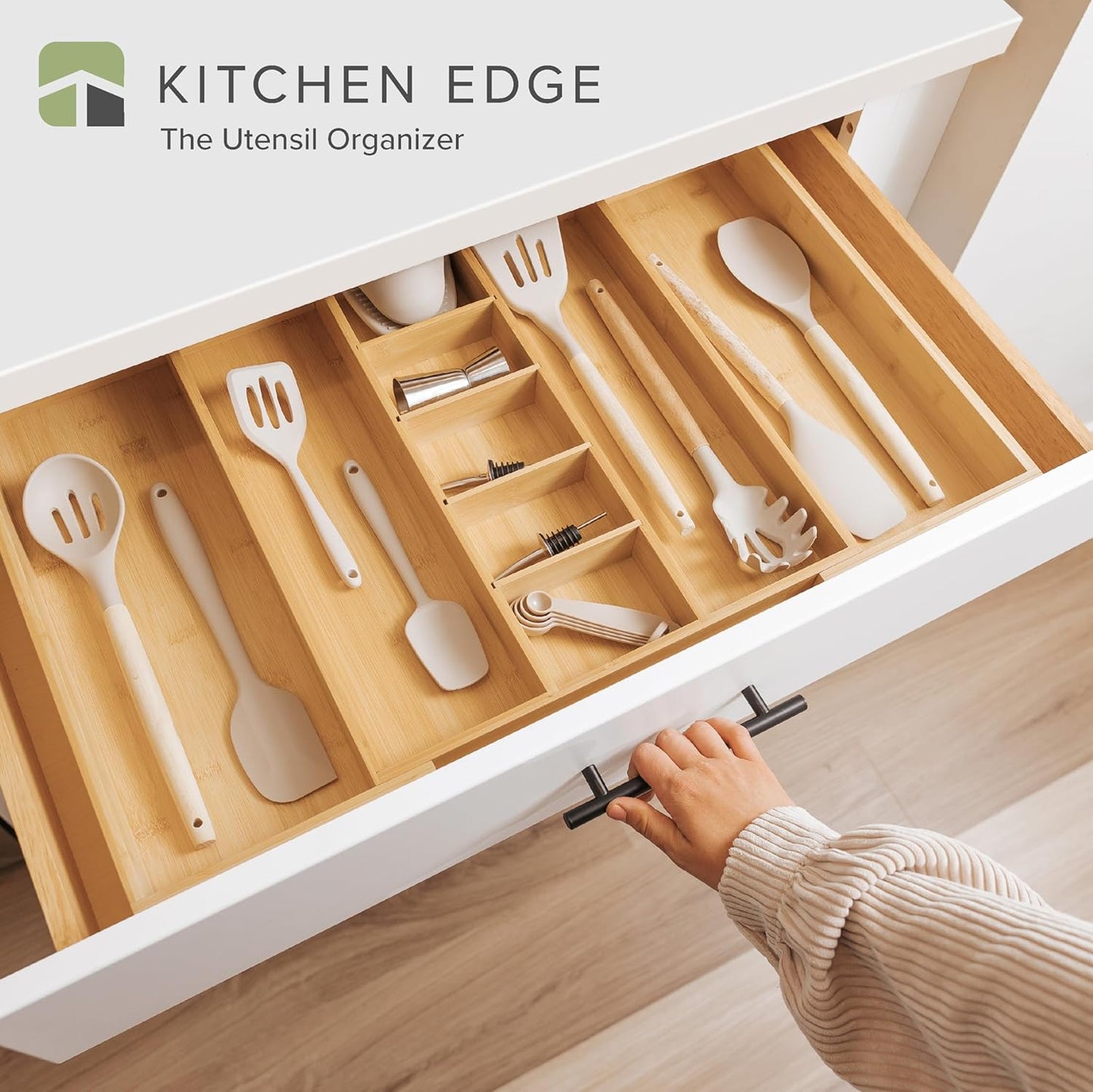 Adjustable Bamboo Kitchen Drawer Organizer for Utensils and Junk, Expandable to 28 inches Wide