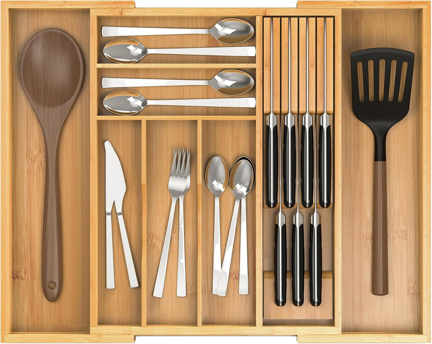 Bamboo Kitchen Drawer Organizer, Expandable Silverware Organizer with Removable Knife Block