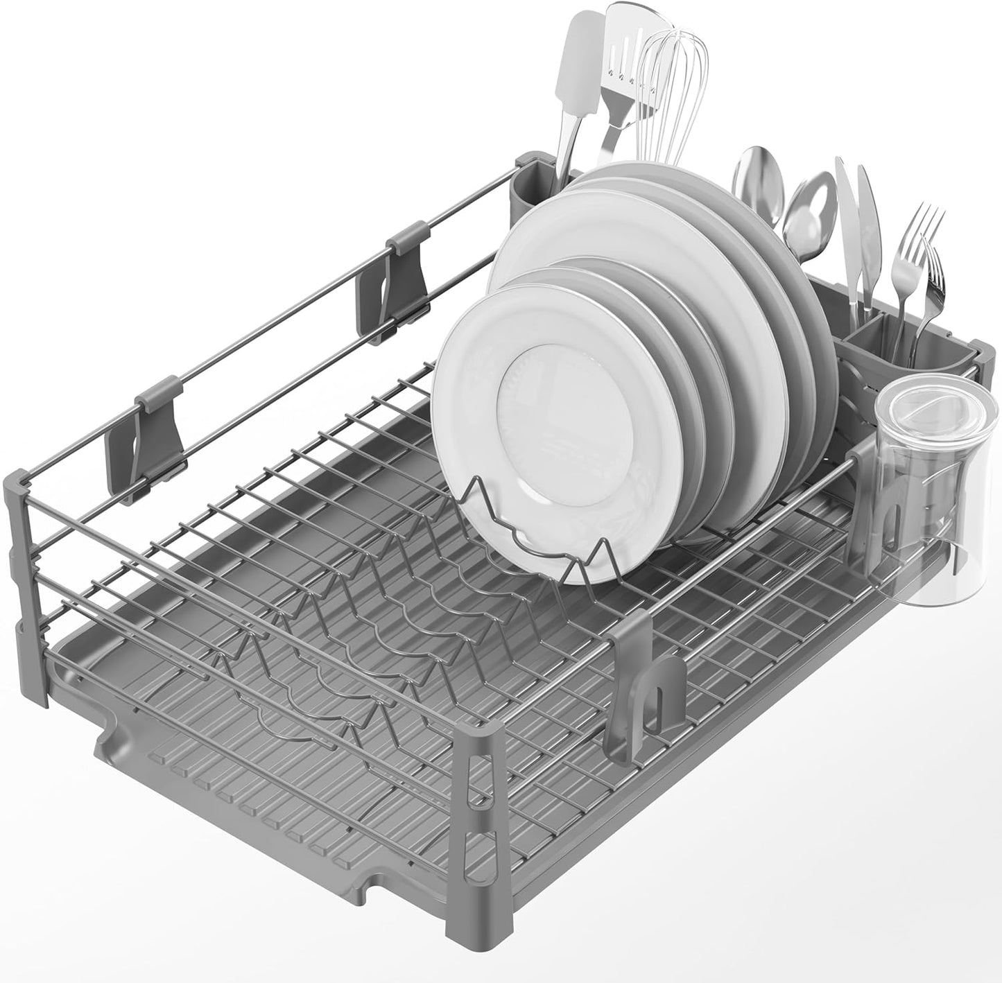 Dish Drying Rack with Drainboard, Utensil Holder & Mug Hooks, Silver Metal Kitchen Counter Organizer