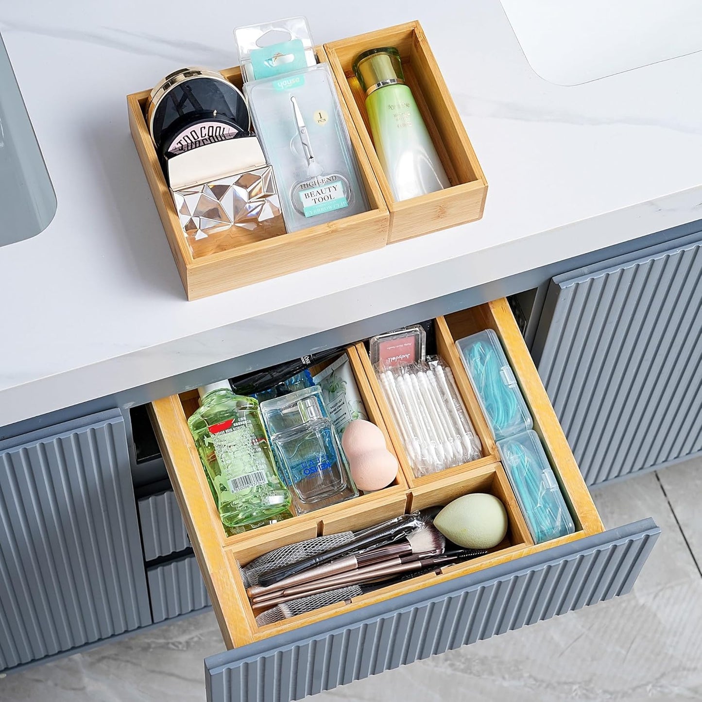 Drawer Organizer, Set of 9 Bamboo Wood Kitchen Makeup Desk Junk Tea Drawer Storage Boxes Bins for Cutlery Silverware Utensils Flatware, Small Wooden Container Tray for Bathroom, Office