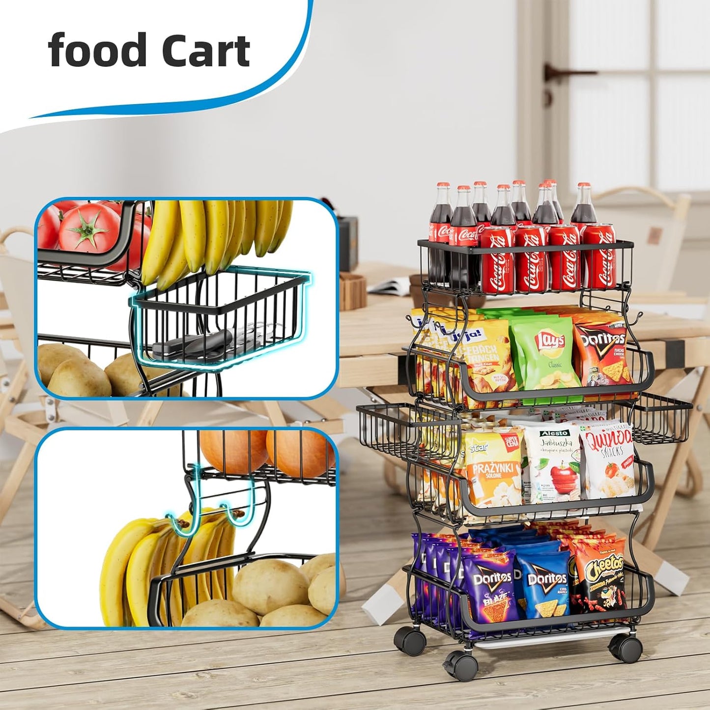 4 Tier Rolling Cart, Stackable Fruit Vegetable Basket with Wheels and 2 Hanging Basket