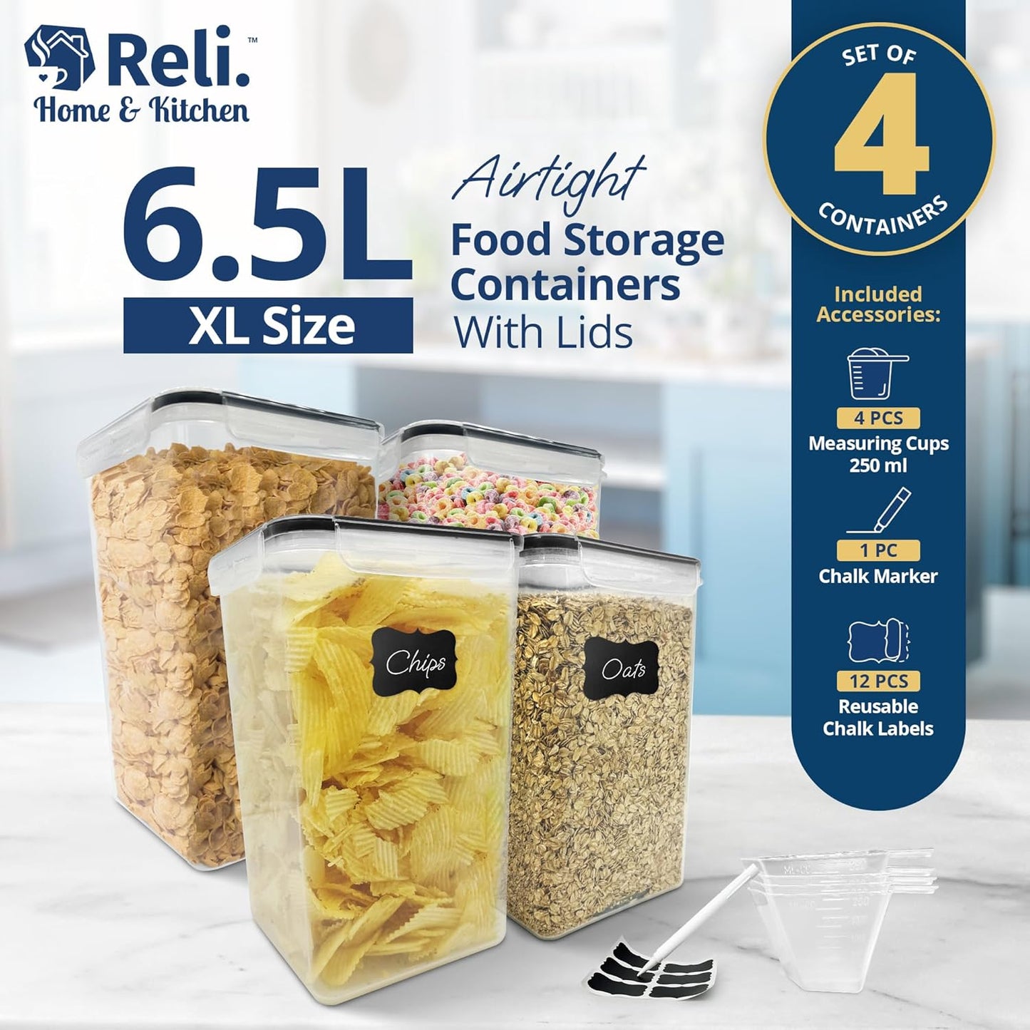 6.5L Airtight Food Storage Containers with Lids (4 Sets) | Kitchen Organizers and Storage Containers, Pantry Organizers | BPA Free Plastic XL Set w/ 4 Measuring Cups, 12 Labels, Pen