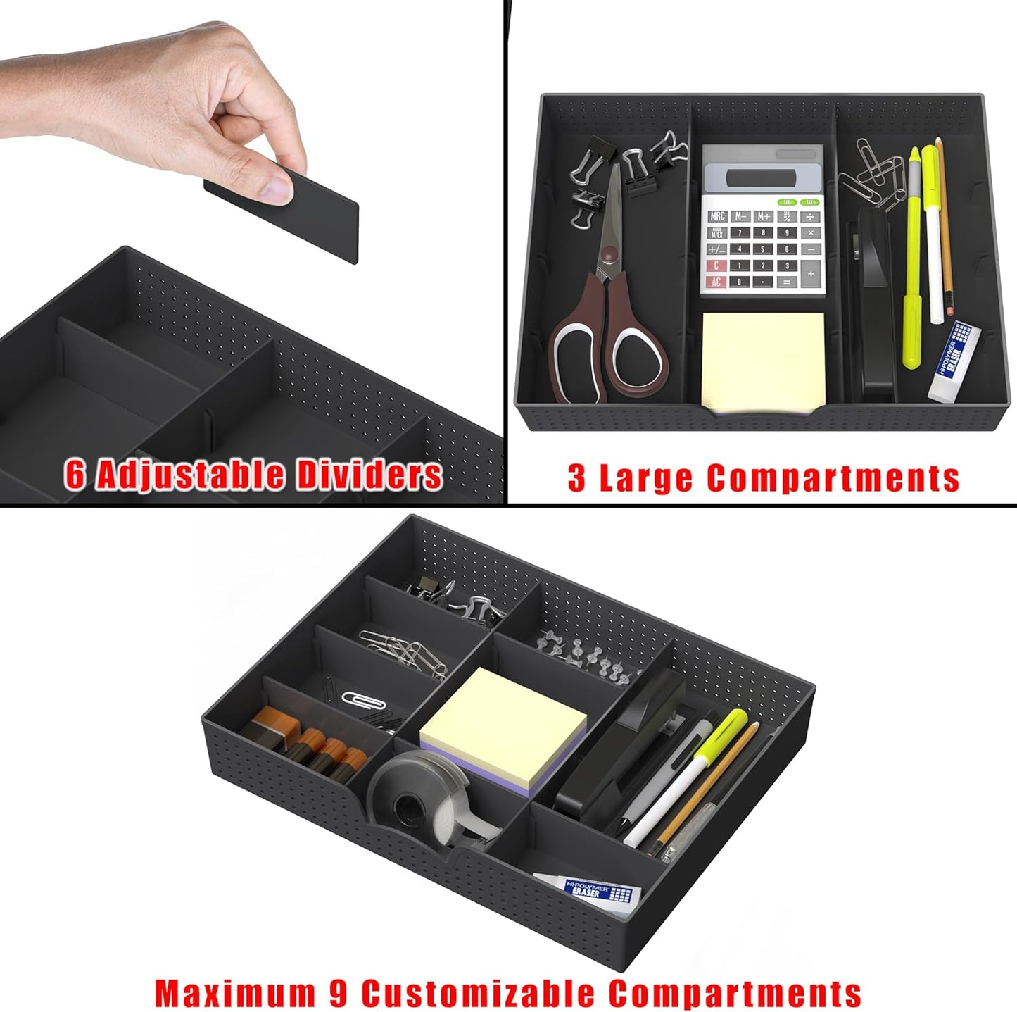 Drawer Organizer Tray with 9 Adjustable Compartments, 2 Packs, Black