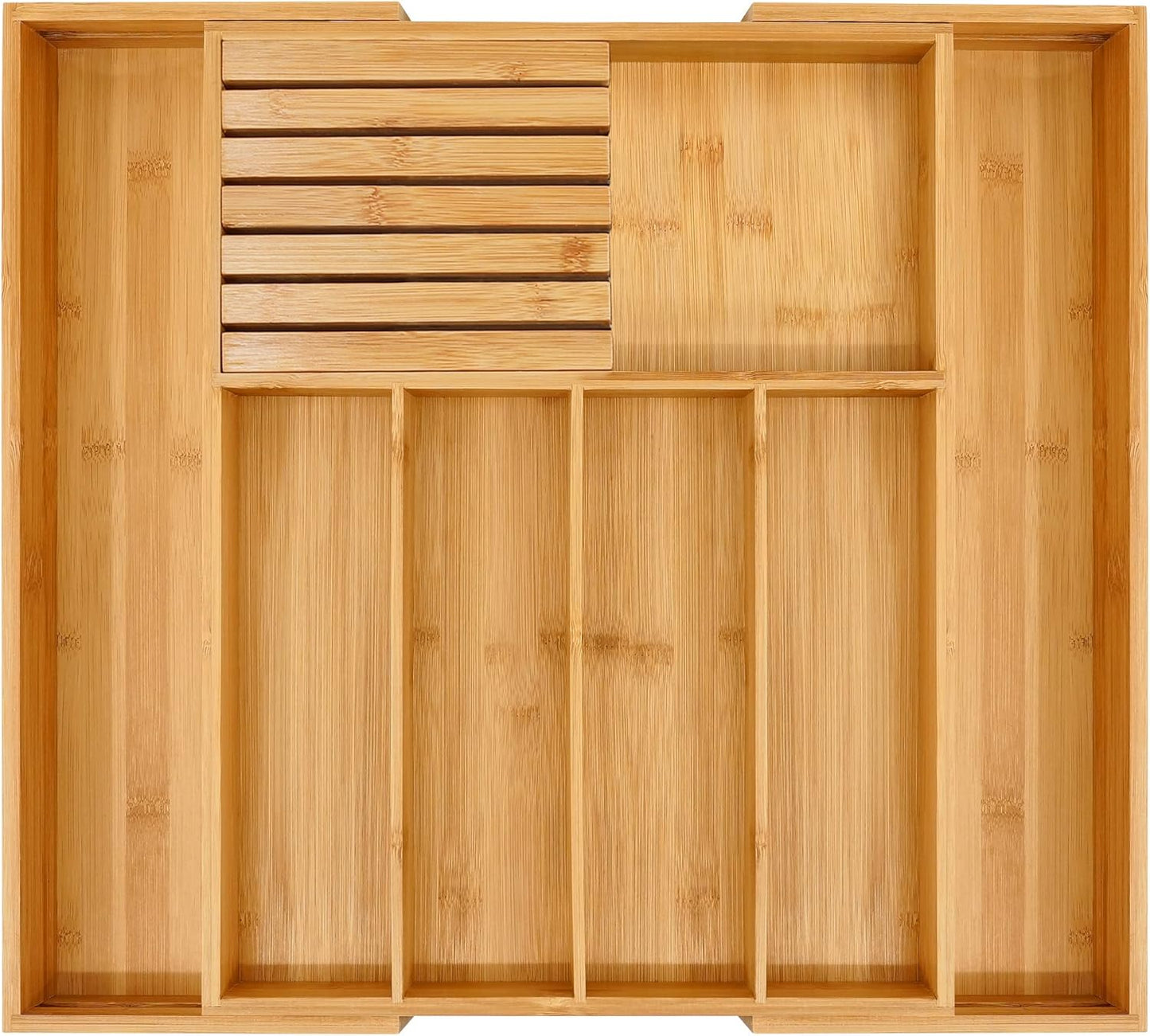 Bamboo Silverware Drawer Organizer Kitchen, Expandable Utensil Organizer with Knife Block