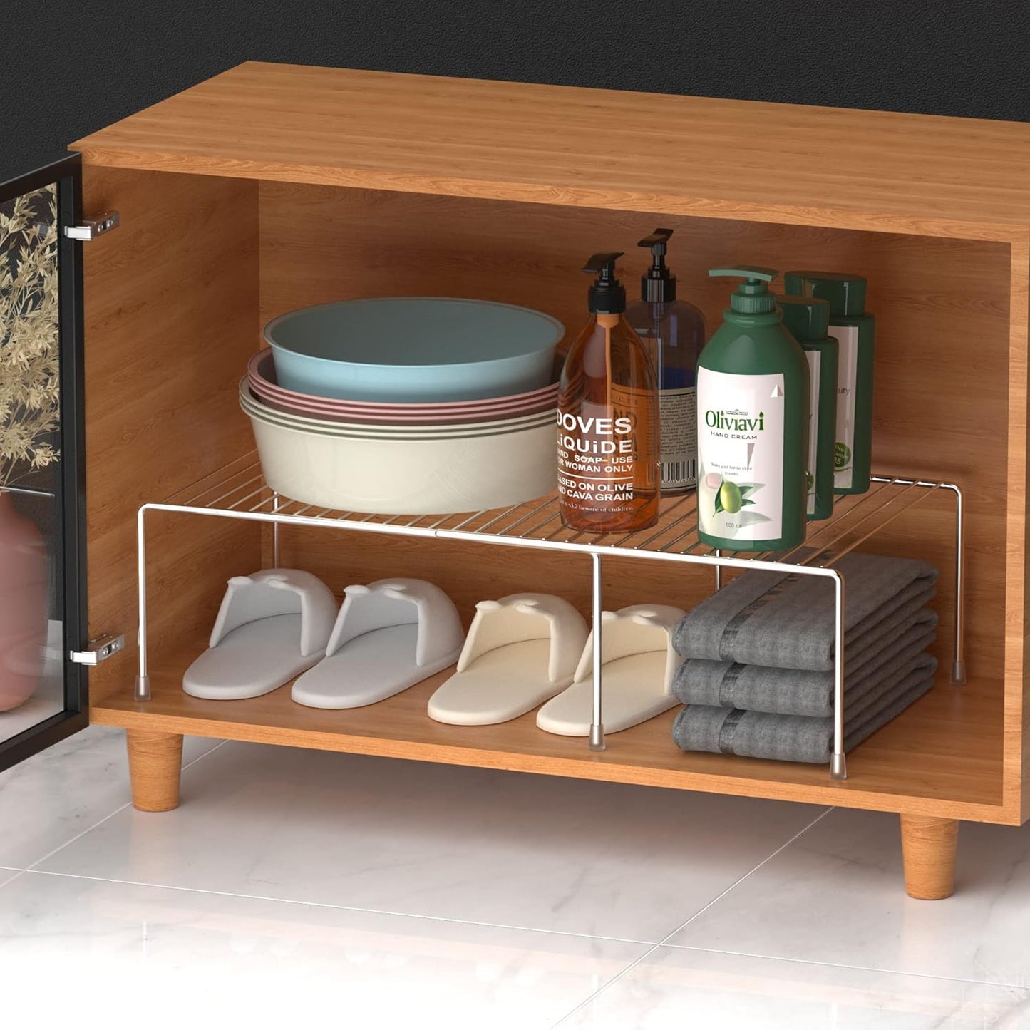 Expandable Kitchen Cupboard Organiser, 2-Piece Adjustable Freezer Cabinet Storage Wire Shelf Rack Rustproof Metal Shelves Space Saver for Countertop Pantry Drawer Utensils