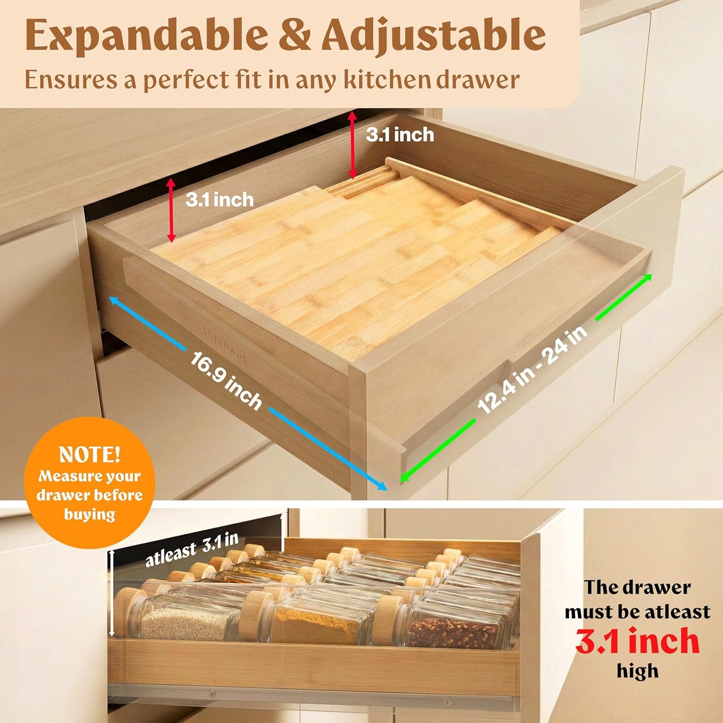 Bamboo Spice Drawer Organizer - Expandable 4 Tier Spice Rack (Need 3" Deep Drawer) 12" to 24" Wide