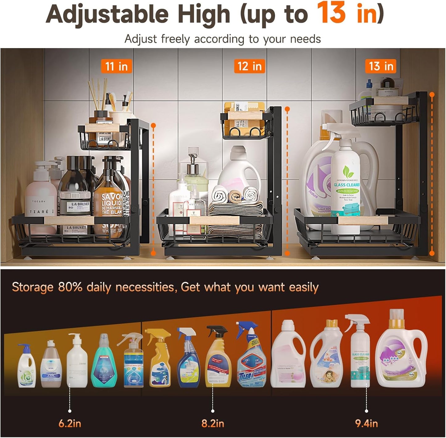 2 Packs Under Sink Organizer, Height Adjustable 2 Tier Under Kitchen Sink Organizer