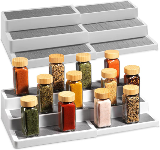 Plastic 3-Tier Expandable Spice Rack, Adjustable Length, Stability with Non-Skid Shelf