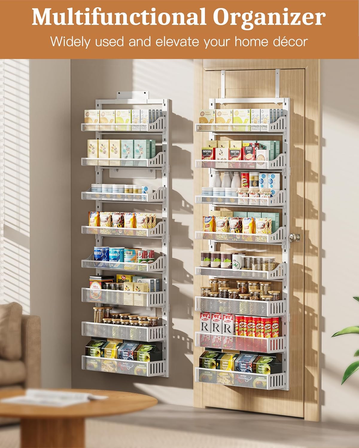 Over the Door Pantry Organizer 8-Tier, Large Metal Door Spice Rack with Adjustable Basket