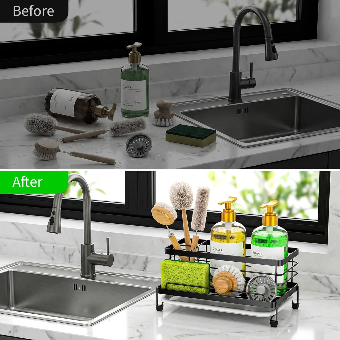 Large Black Sponge Holder for Kitchen, Sink Caddy Sink Organizer Rack for Kitchen Accessories with Drip Tray, Rustproof and Non-slip, Soap Dispenser Countertop Organizer Essentials for New Home