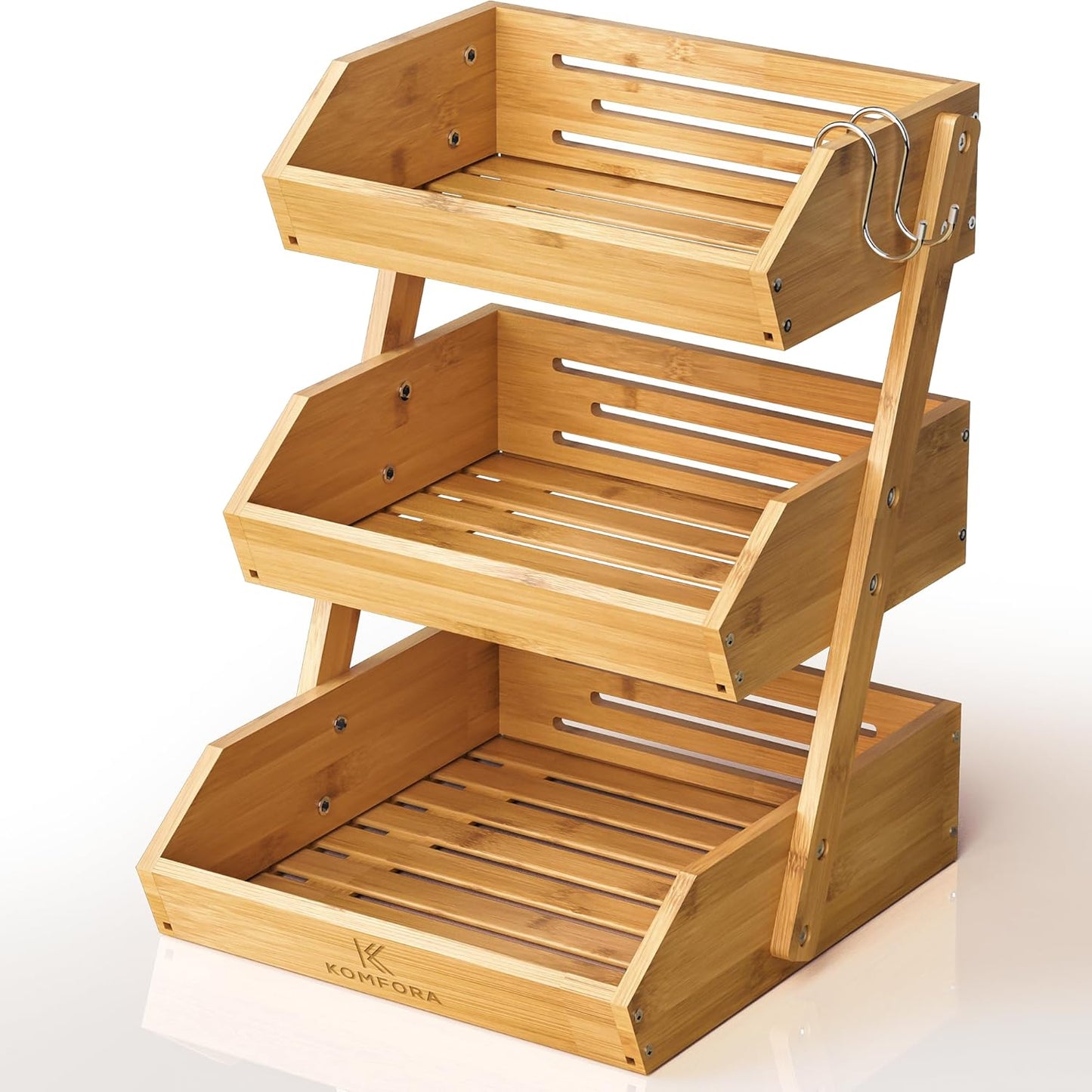 Bamboo Fruit Basket 3-Tier - Premium Produce Basket for Kitchen w/ 2 Hangers