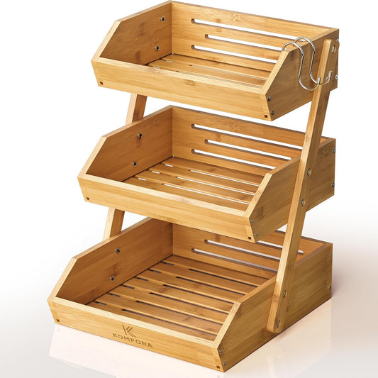 Bamboo Fruit Basket 3-Tier - Premium Produce Basket for Kitchen w/ 2 Hangers