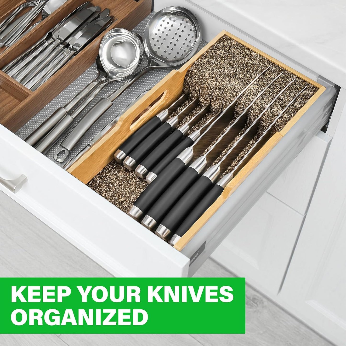 Bamboo Knife Drawer Organizer Insert - Kitchen In-Drawer Knife Block Holder