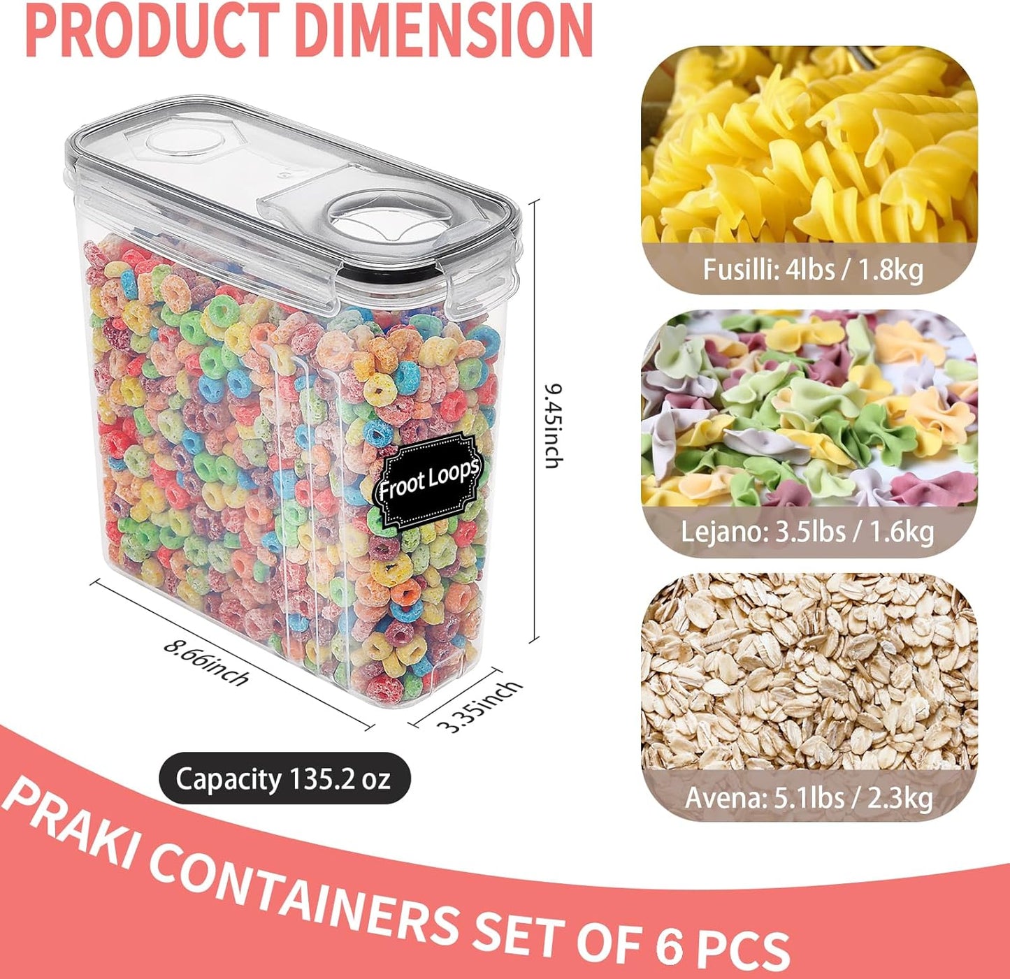 Large Dry Food Storage Containers with Lids, 6PCS Airtight Cereal Containers Storage Set