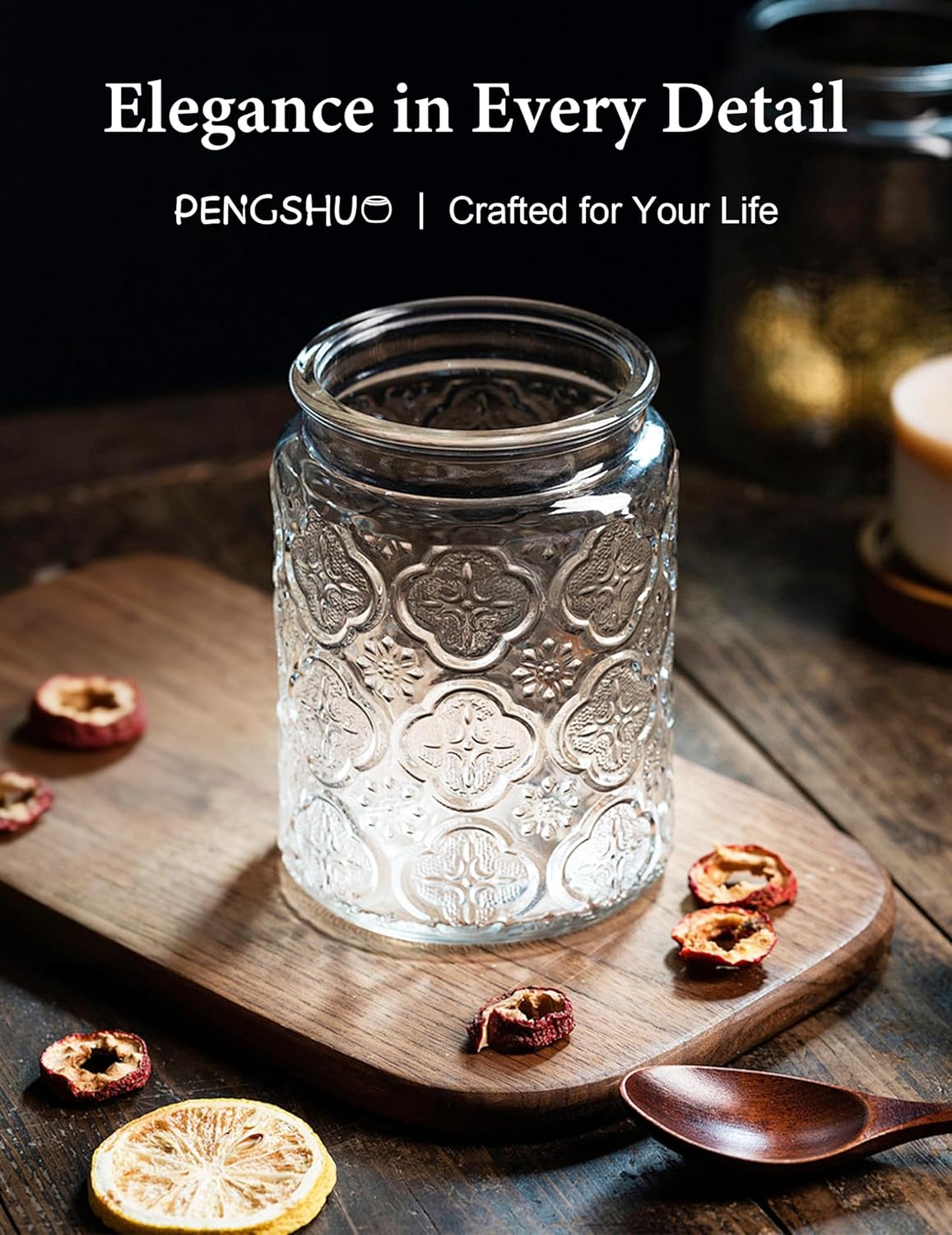 Vintage Glass Jar with Wood Lid - Christmas Airtight Canisters for Kitchen Countertop Bathroom