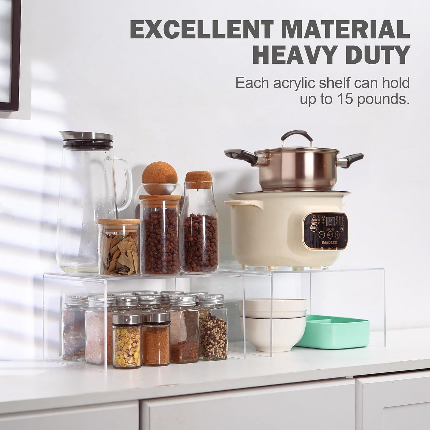 Acrylic Kitchen Cabinet Organizer Shelf, Spice Rack, Plate and Cupboard Storage Riser