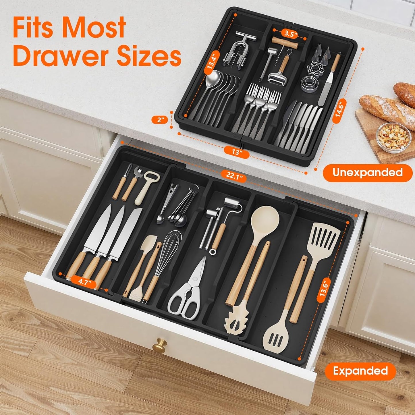 Large Silverware Organizer, Expandable Utensil Drawer Organizer for Kitchen Drawers