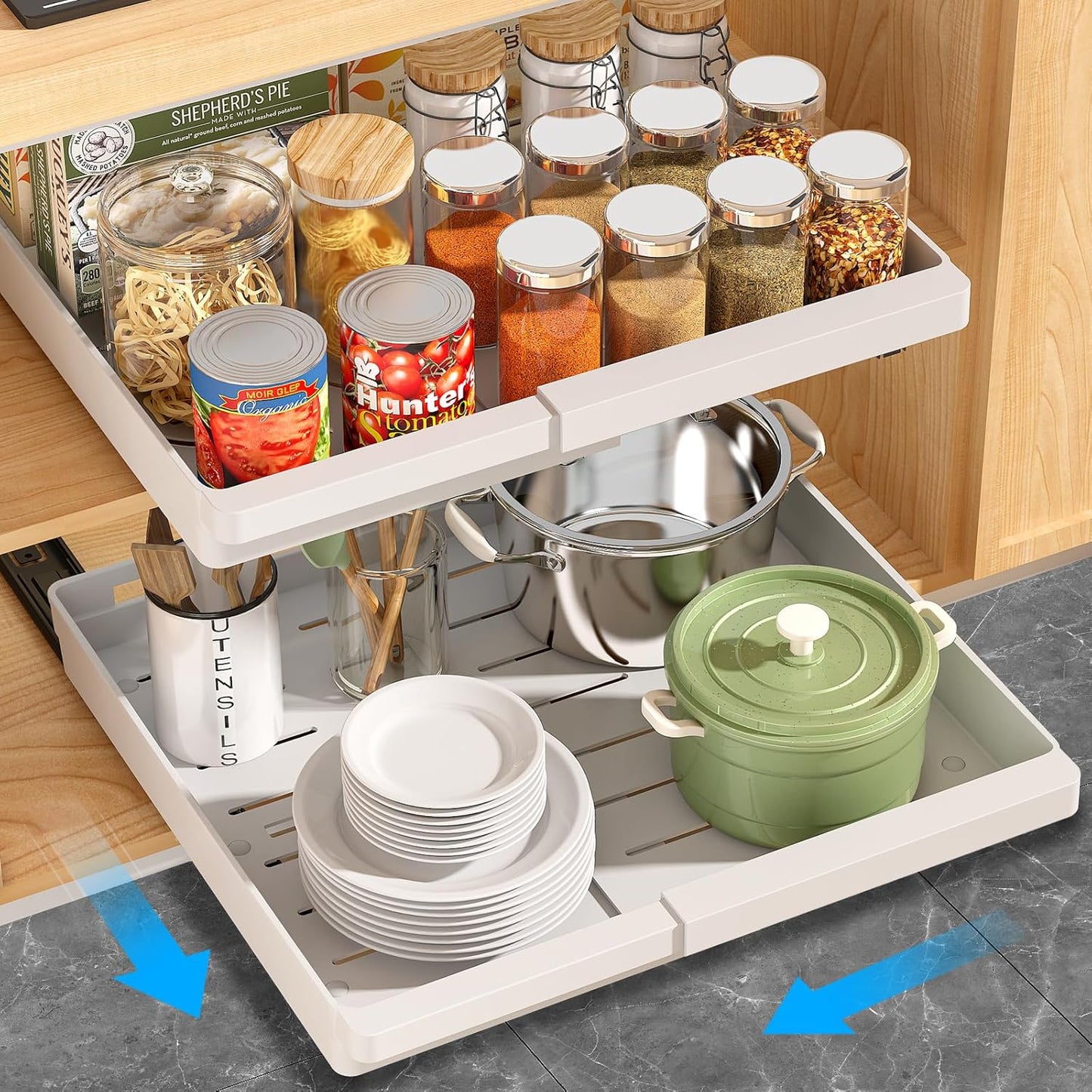 2 Pack Pull Out Cabinet Organizers Expandable, Plastic Slide Out Drawers for Kitchen, Bathroom