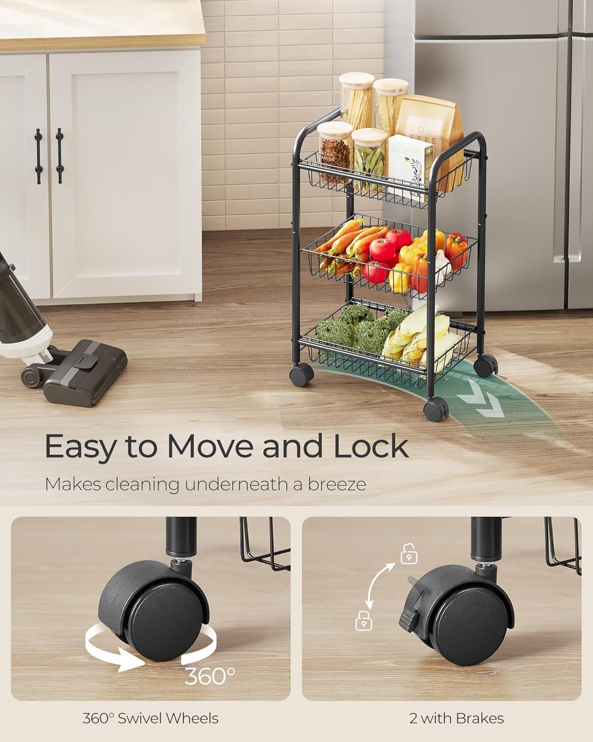 3-Tier Metal Rolling Cart on Wheels with Baskets
