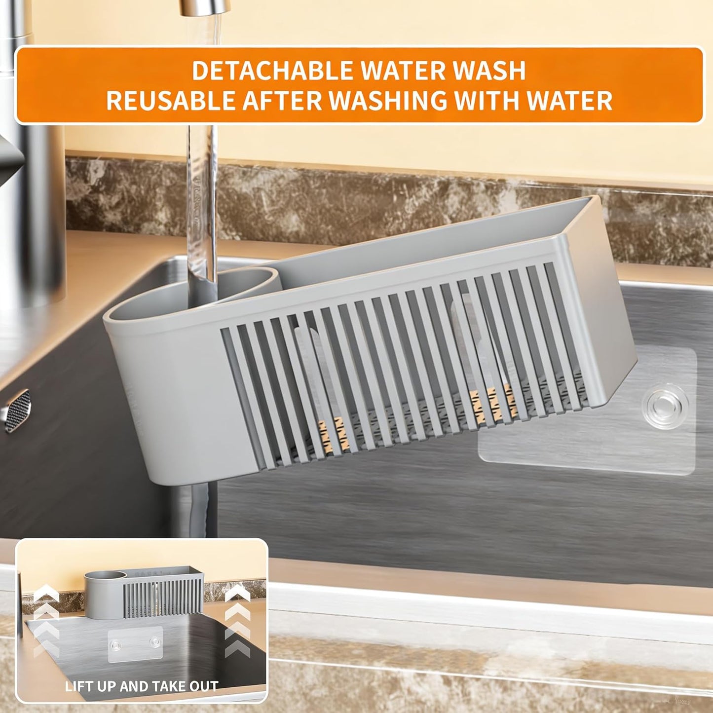 Inside Sink Sponge Holder,Grey Rustproof Sink Caddy and Scrub Holder for Kitchen Sink with Suction Cup,Adhesive,Plastic Dish Sink Organizer for Scrub Brush,Scrubber,Dish Sponge,Spinge Holder