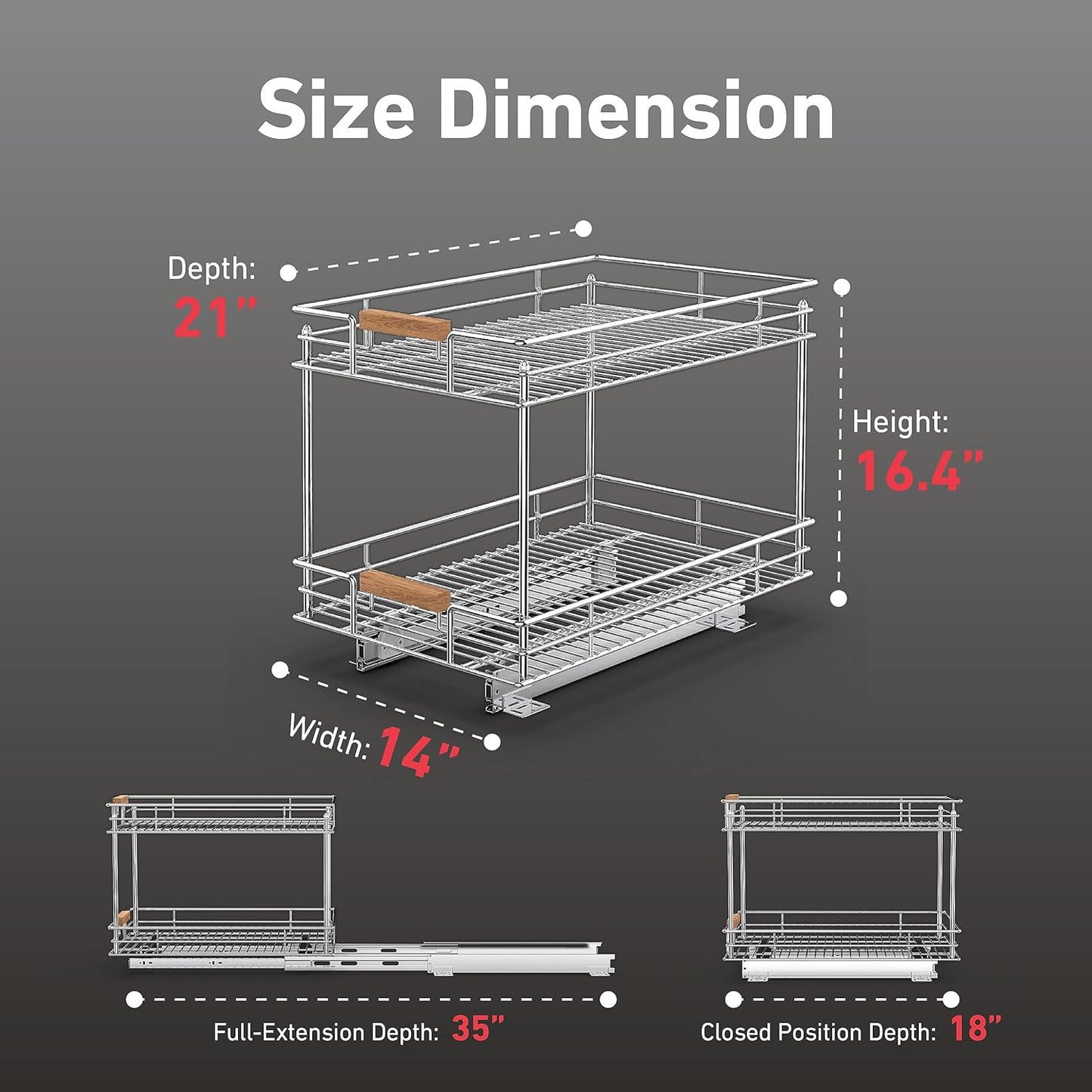 Pull Out Cabinet Organizer(14" W x 21" D), 2 Tier Slide Out Shelves with Wood Handle
