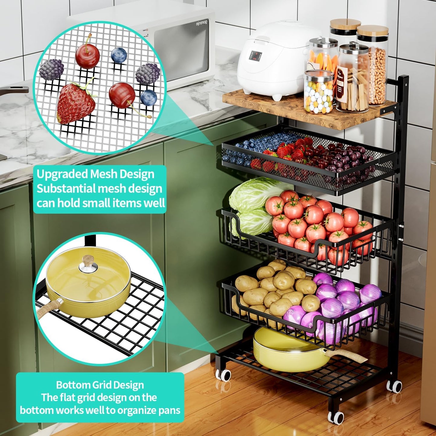 Fruit Basket Kitchen Cart - 5 Tier Adjustable Vegetable Storage Rack